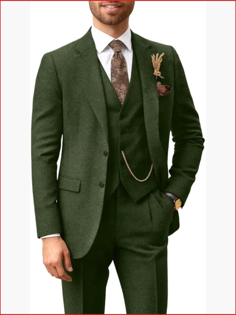 3 Piece Tweed Suit Retro Herringbone Lapel Blazer Vest Pants Set Wedding